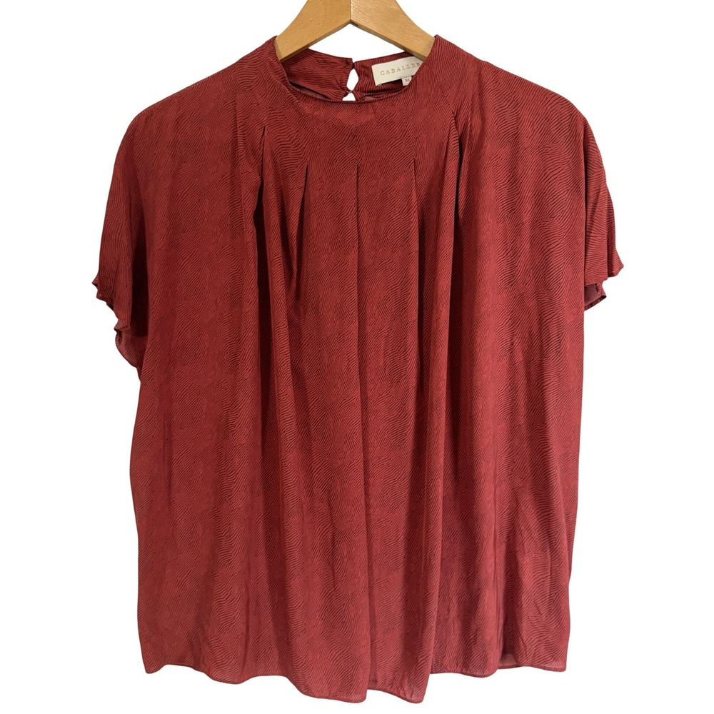 Caballero Rust Red Wavy Navy Print Pleated‎ High Neck Viscose Blouse Size M